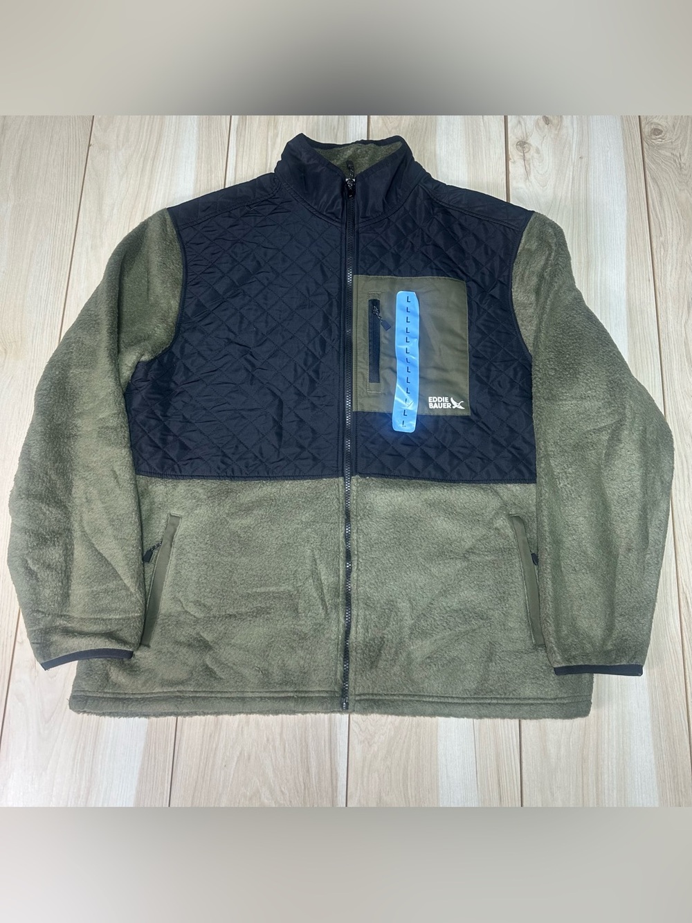 Eddie Bauer Mixed Media Fleece Jacket Mens Large Green Black Full Zip EB010876